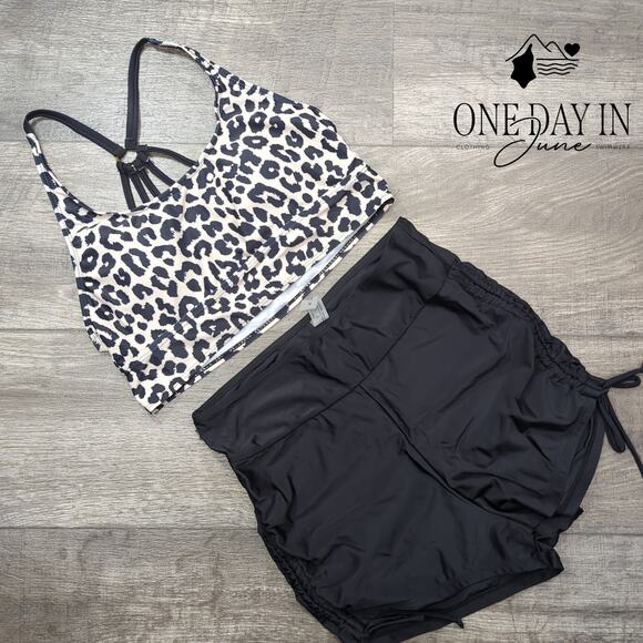 CharmLeaks Drawstring Shorts Leopard Crop Bikini Swimsuit Size M - Picture 2 of 4